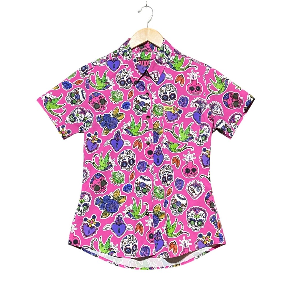 Dixxon Los Muertos Pink Sugar Skull Short Sleeve Button Up Shirt Women's Small